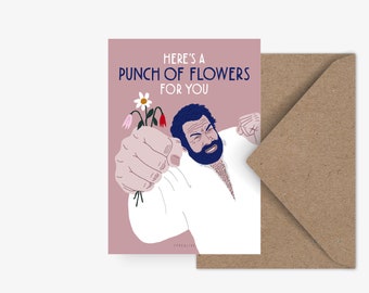 Postkarte / Punch Of Flowers / witzige Karte mit Blumenstrauß zum Geburtstag, Grußkarte mit Blumen und Faust, für Männer, Freund oder Vater