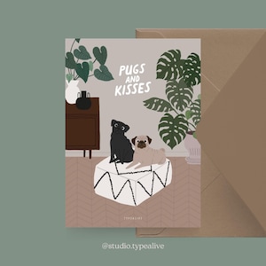 Valentinstagskarte / Petisfaction "Dogs" PUGS AND KISSES / Postkarten Set Hund, lustige Grußkarte mit Hund zum Geburtstag, für Hundefans