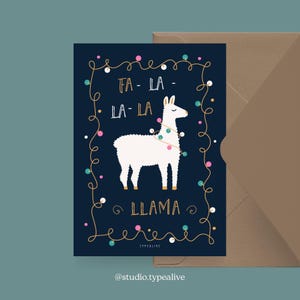 Cartão de Natal / FA-LA-LLAMA / Postal de Natal engraçado com lhama e ditado engraçado - para amigos, familiares, colegas