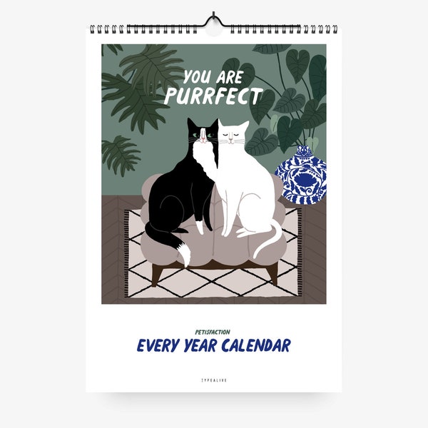 Calendrier mural / Chats / Calendrier perpétuel 2023 au format DIN A4 pour chaque année avec des chats, des phrases amusantes pour un anniversaire ou un simple cadeau