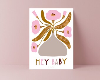 Postal / Una forma de decir Hola bebé / Hermosa tarjeta como regalo para el nacimiento o amigos Ilustración de flores Amor minimalista Cumpleaños