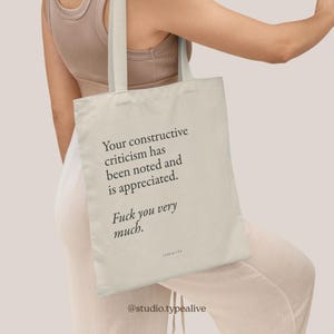 Baumwolltasche / CONSTRUCTIVE CRITICISM / Öko-Stofftasche zum Einkaufen, Tasche aus Jute, mit lustigem Spruch, perfekt als Geschenk