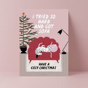 Weihnachtskarte / D004 Christmas Sofa / witzige Karte zu Weihnachten mit Hunden für Hundehalter als Geschenk mit lustigem Spruch Kuscheln