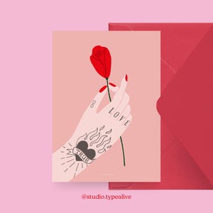 Liebes-Karte / HAND OF LOVE / Schöne Valentinstagskarte, zum Jubiläum, mit witzigem Spruch – perfekt für den Partner, mit roter Blüte, Tulpe