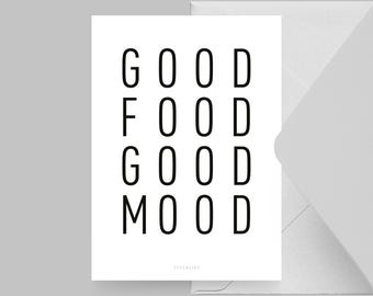 Postal / COMIDA / Divertida tarjeta de felicitación tipográfica con el lema "Buena comida, buen humor": como regalo para amigos, en un restaurante o como agradecimiento.