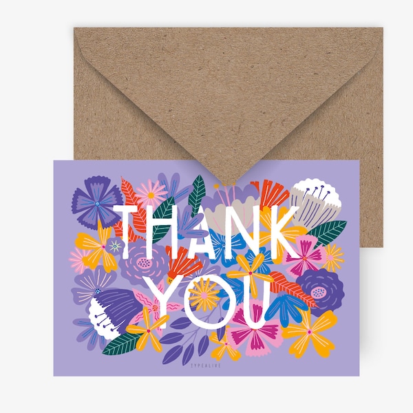 Postkarte / Bloomy Thanks / Süße lila Karte als Dankeschön für Freunde oder Eltern mit Blumen Illustration Grußkarte Dankeskarte