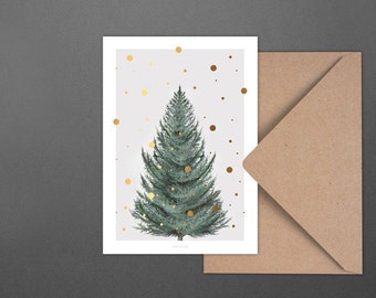 Christmas Card / TANNE / beautiful holiday card with a christmas tree in a retro and vintage style watercolor illustration clean and scandi