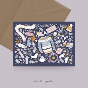 Carte de Noël / ARTICLES DE NOËL NO. 2/ Carte de Noël simple et belle - carte de voeux pour l'Avent avec une écharpe, un bonnet, un pull