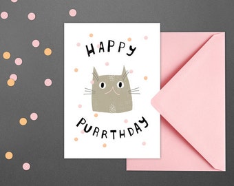 Postkarte Happy Purrthday / Katze, Geburtstagskarte, Katzenliebhaber, Geburtstag, Karte, Typography Art, Kunstdruck