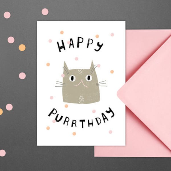Postkarte Happy Purrthday / Katze, Geburtstagskarte, Katzenliebhaber, Geburtstag, Karte, Typography Art, Kunstdruck
