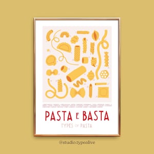Mural de carteles / PASTA E BASTA / cartel de aprendizaje con pasta, para amantes de la pasta, decoración de cocina, regalo de inauguración de la casa, impresión de arte, como regalo