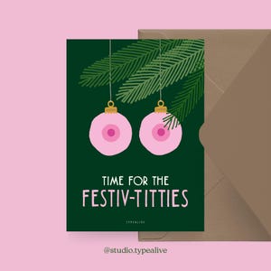 Weihnachtskarte / FESTIVE TITTIES / Lustige Postkarte zu Weihnachten mit Brüsten und witzigem Spruch – für Freunde, Familie, Kollegen