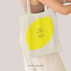 Baumwolltasche / LEMONS / Gelbe Öko-Stofftasche aus Jute mit Zitrone und lustigem Spruch – als Geschenk für Freundin, ideal zum Einkaufen