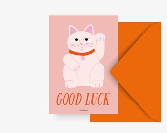 Postkarte / Lucky Cat / süße Karte mit Glückskatze als Geschenk vor Prüfungen oder anderen Anlässen an denen man wenig Glück braucht