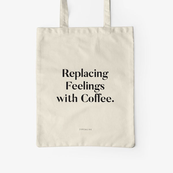 Cotton bag / REPLACING FEELINGS / Eco-fabric bag with long handles, perfect as a linen bag for shopping, with funny saying