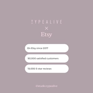 Może przedstawiać: Grafika w kolorze r&oacute;żowym i białym z tekstem "TYPEALIVE x Etsy" i trzema białymi przyciskami z tekstem "Na Etsy od 2017 roku", "90 000 zadowolonych klient&oacute;w" i "18 000 5-gwiazdkowych recenzji". Grafika zawiera r&oacute;wnież tekst "@studio.typealive".