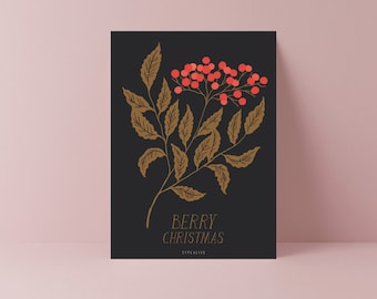 Christmas Card / Berry Christmas / Beautiful minimalistic Holiday Card with Illustration as a gift for Family and Friends in a scandi style