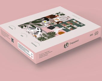 May include: A 500-piece jigsaw puzzle featuring a colorful illustration of a dog in a room with plants. The puzzle box is pink with the text "Dogupied" and "Typealive" printed on it.