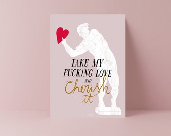 Valentinstag Karte / Cherish My Love / Postkarte zum Thema Liebe zum Geburtstag lustige Karte zum Valentinstag mit Spruch und Illustration