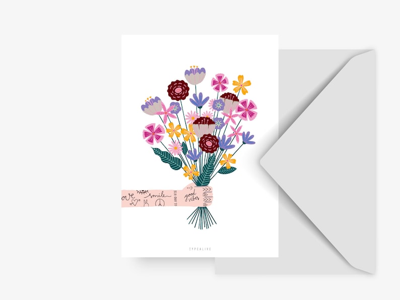 Postkarte / Bunch Of Flowers / Süße Karte mit Blumenstrauß zum Geburtstag Grußkarte Blumen Illustration Dankeschön für alle Anlässe Bild 1