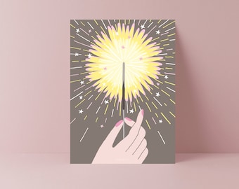 Postkarte / Hand Of Sparkler / schöne Karte mit Hand und Wunderkerze zum Geburtstag oder Neujahr Grußkarte als Geschenk für Party und Feier