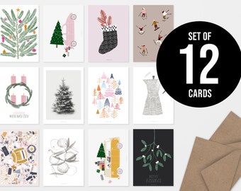 Christmas Cards Set of 12 / Family / incl. envelopes made of kraft paper simple and beautiful Illustrated cards for Christmas as a gift