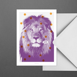 Postkarte Löwe / Lion, Miau, Purple, Speech Bubble, Card, Postcard, Greeting Card, Envelope, Present, Message, Letter