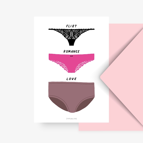 Postkarte Flirt Romance Love / Unterwäsche, Herz, Valentin, Liebe, Typography Art, Kunstdruck