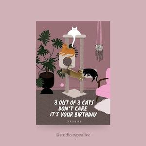 Distintivo / 3 CATS BIRTHDAY / Spilla a forma di gatto in ottone con biglietto e frase divertente, come portafortuna o come regalo per gli amanti dei gatti