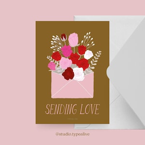 Tarjeta de amor / ENVIANDO AMOR / Preciosa tarjeta de San Valentín con flores, para un aniversario, con dulce ilustración, carta de amor - para tu pareja