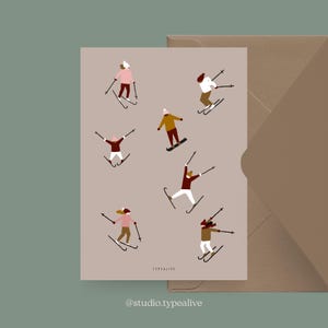 Carte de Noël / SKIEUR / Carte de Noël simple et douce sertie de skieurs - belles cartes postales d'hiver avec enveloppe, faites à la main