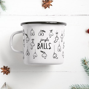 Tasse aus Emaille / JINGLE BALLS / Tasse mit Spruch, personaliert, witzige Camping Tasse für Freund, Freundin, Geburtstag, Weihnachten