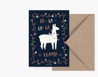 Weihnachtskarte / FA-LA-LLAMA / lustige Postkarte zu Weihnachten, als Geschenk oder Anhänger, für Kinder, die Mama oder Freundin
