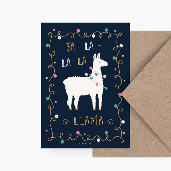 Weihnachtskarte / FA-LA-LLAMA / lustige Postkarte zu Weihnachten, als Geschenk oder Anhänger, für Kinder, die Mama oder Freundin