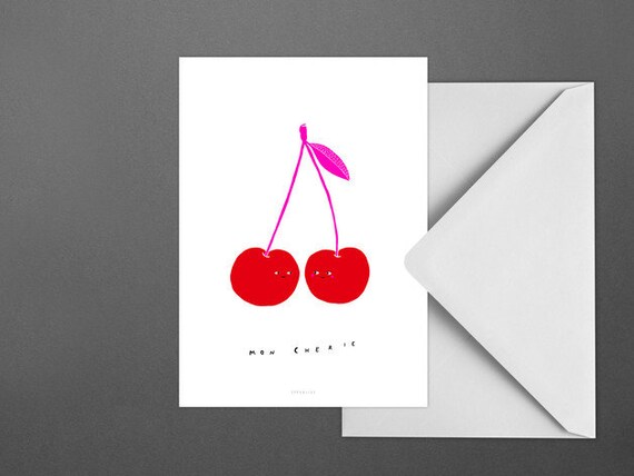 Postkarte Mon Cherie Cherry Red Face Typography Art Etsy