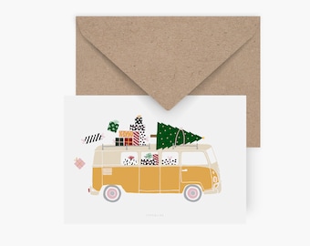 Christmas Card / DRIVING HOME NO. 3 / Greeting card with illustration of a vintage camper with christmas tree and gifts for camping fans