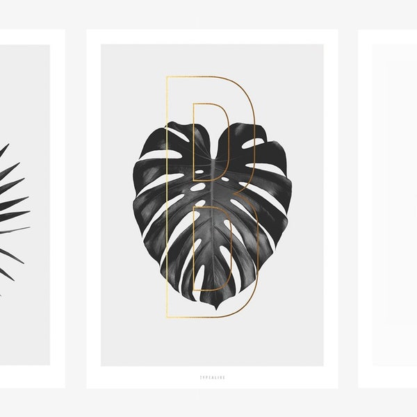 Print / ABC Plants A-Z / Letter Poster Scandi Black White A B C D E F G H I J K L M N O P R S T Gift for Wedding Love Boyfriend Urban Jungle