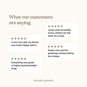 May include: Four customer reviews with five star ratings for a shop called "studio.typealive". The reviews are about greeting cards and say things like "Great card! Incredibly funny. Perfect for the birth of a child!" and "Super cute card for greetings without being too cheesy."