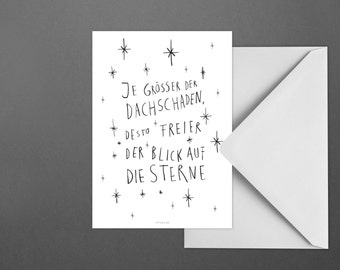 Postkarte Dachschaden / Spruch, Sterne, Typographie, Buchstaben, Karte, Grusskarte, Briefumschlag, Geschenk, Botschaft, Brief