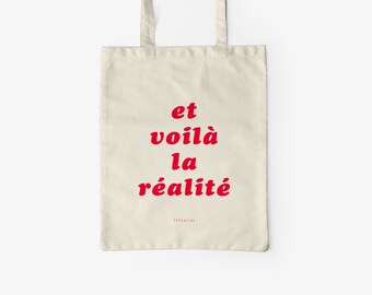 Cotton bag / RÉALITÉ "natural" / Eco fabric bag with long handles, perfect as a canvas bag for shopping, with a funny saying