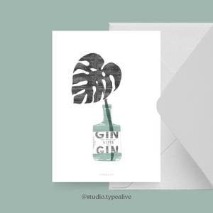 Carte pour diverses occasions / JUNGLE URBAINE NO. 4 / Carte postale pour de nombreuses occasions - comme invitation pour les amis et la famille, bouteille de gin et Monstera