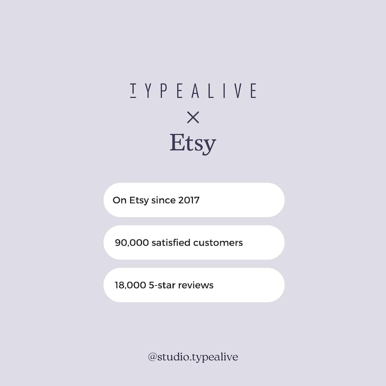 May include: A graphic with the text "TYPEALIVE x Etsy" and information about the shop's presence on Etsy, including the year it was established, the number of satisfied customers, and the number of 5-star reviews.