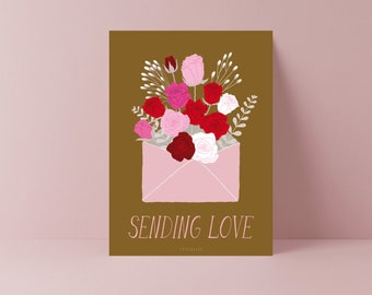 Postkarte / Sending Love / Süße Karte mit Rosen für Verliebte oder Freund Mutter mit Blumen im Umschlag Illustration Valentinstag Grußkarte