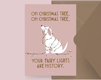 Carte de Noël / FAIRY LIGHTS / Carte postale amusante pour Noël, chien et lumières féeriques, chaos, dicton amusant - pour les fans de chiens et les mamans de chiens