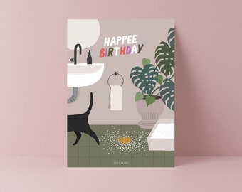 Geburtstagskarte / C020 Happee Birthday / lustige Karte mit Katze für Katzenliebhaber Liebe Geschenk zum Geburtstag mit Spruch Wortspiel