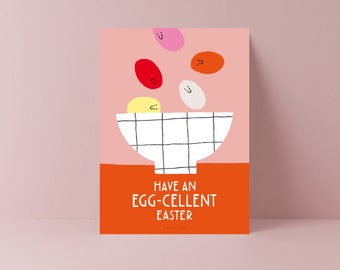 Osterkarte / Egg-Cellent Easter / lustige Karte zu Ostern mit Illustration und Spruch als Osterdeko und Ostereier mit Wortspiel