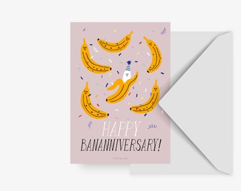 Postkarte / Bananniversary / Süße und lustige Karte zum Jubiläum oder Jahrestag für Freunde oder Eltern mit Banane Grußkarte Illustration