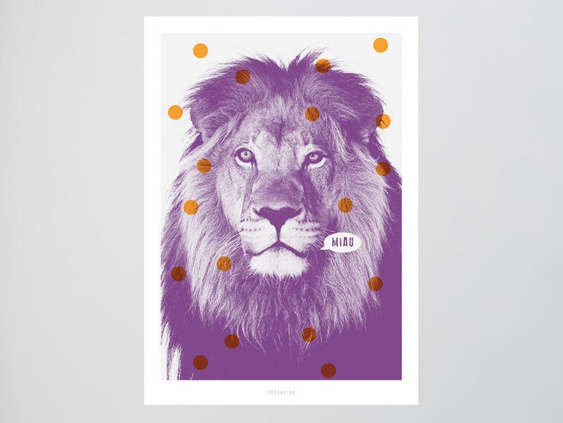 Löwe No. 2 Miau / Wild, Katze, Lila, Typography Art, Kunstdruck Poster, Wall-Art Bild 1