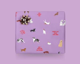 Papier cadeau / Petisfaction « CHIENS » n° 2 / Magnifique papier cadeau violet fait main avec des chiens, pour Noël, les anniversaires, les mamans de chiens