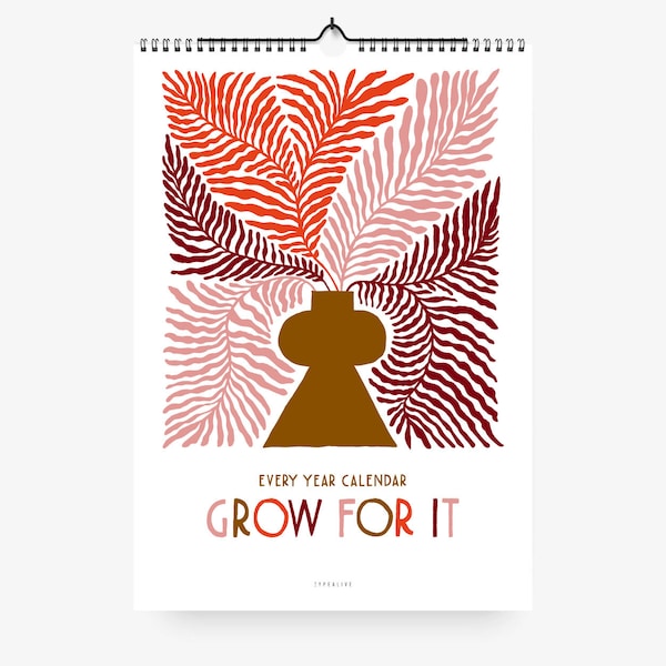 Wandkalender / Grow / Schöner Kalender 2023 in DIN A4 für jedes Jahr mit Blumen Illustration als Geburtstagskalender oder Geschenk schlicht